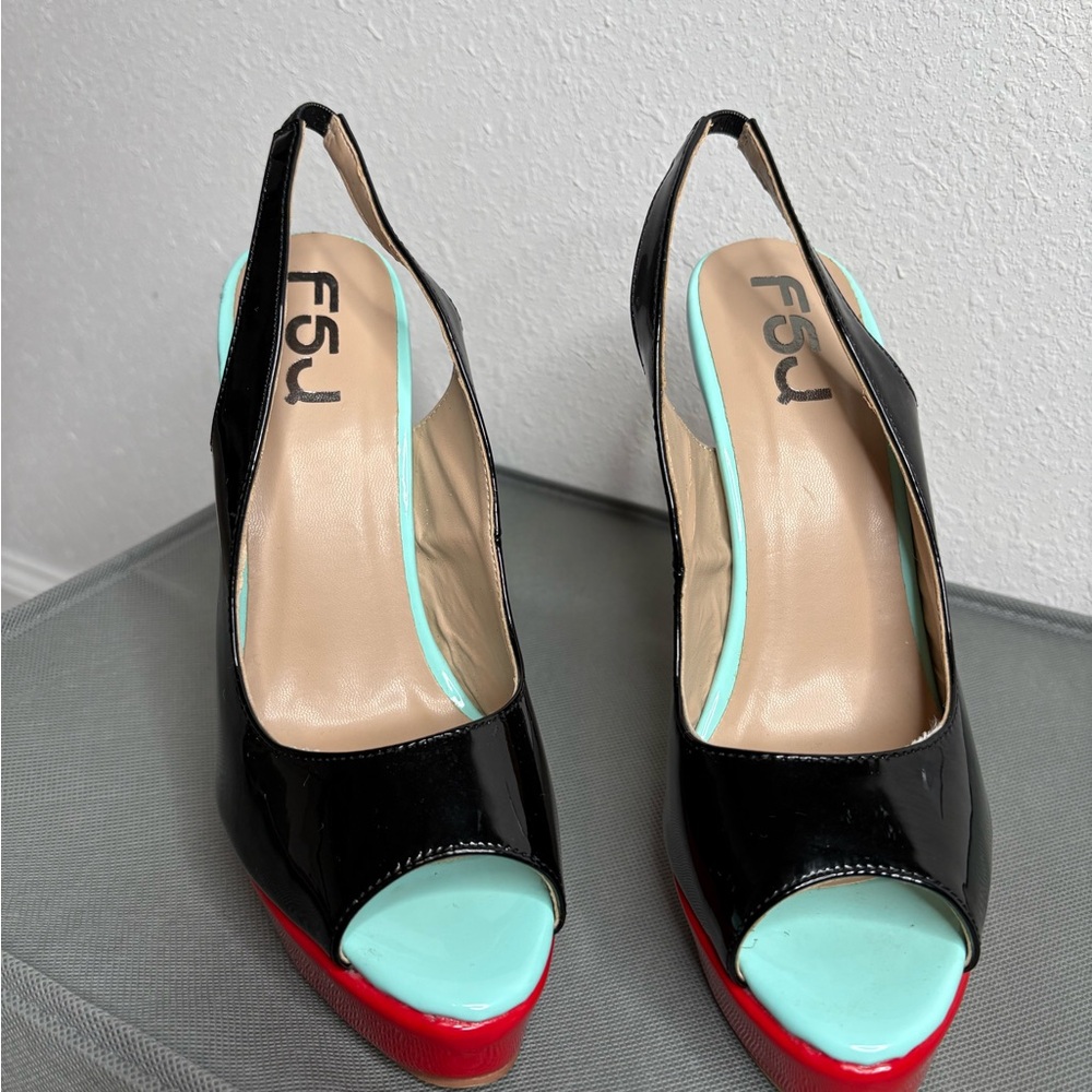 FSJ Black and Red Peep Toe Slingback Heels with Aqua Accent